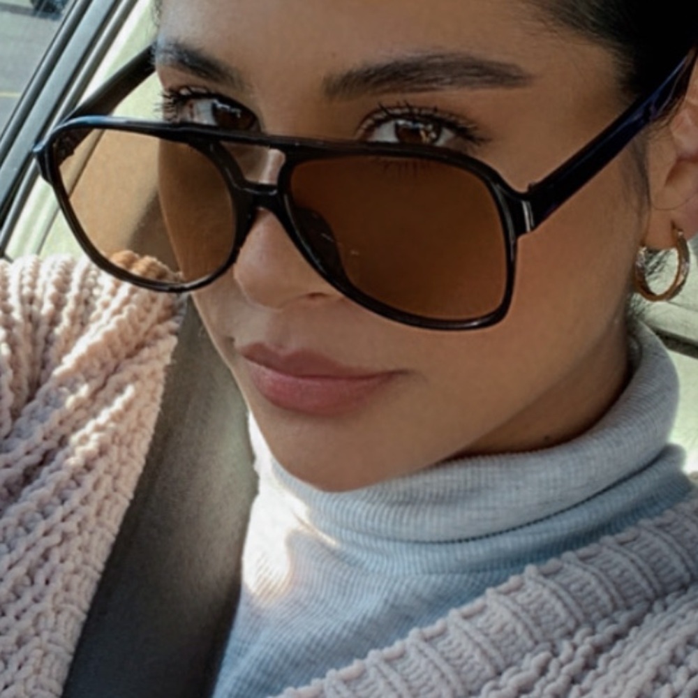 Retro Aviator Sunglasses Black Frame Brown Gradient Tinted Oversized 70s - Picture 2 of 6